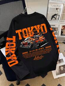 Men's Drop Shoulder Long Sleeve T-Shirt, Vintage Racing Car Graphic Print, Loose Casual Streetwear Top - Black - View 1