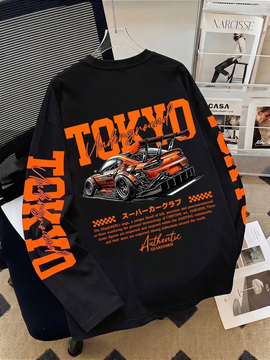 Men's Drop Shoulder Long Sleeve T-Shirt, Vintage Racing Car Graphic Print, Loose Casual Streetwear Top - Black - View 1