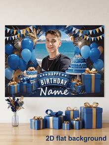 1pc - Customized Birthday Celebration Backdrop, Customized Blue & Gold Theme Printed Poster - Personalized Gold & Colorful Confetti And Star Decoration, Suitable For Celebration Party, Birthday Gathering, Home Decor Background, Customizable Anniversary, Personalized Birthday Party, Customized Photo And Name Poster - Multicolor - View 6