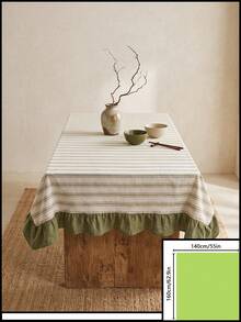 1pc Beige Base Green Fine Stripe & Olive Green Ruffle Edge Tablecloth, Fresh Natural Style Fabric Rectangular Tablecloth With Olive Green Ruffle Edge Patchwork Detail, Decorative & Functional For Daily Home Dining And Fresh Home Decor - Multicolor - View 13