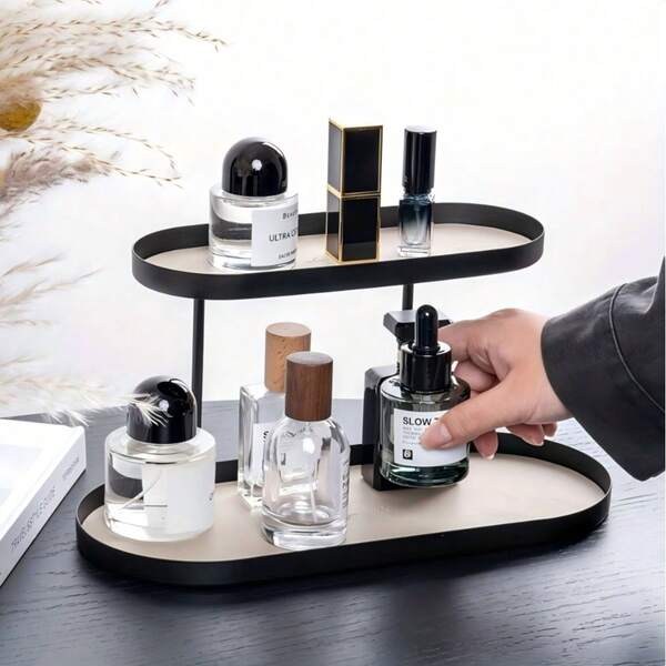 [1pc Iron Art Storage Rack] 1pc Minimalist Iron Art Storage Rack With Faux Leather Pad | Double-Layer Oval Storage Box, Suitable For Cosmetics, Jewelry And Keys | Living Room Desktop Storage Rack, Bedroom Bathroom Entryway Storage Rack, Desktop Perfume Lipstick Holder