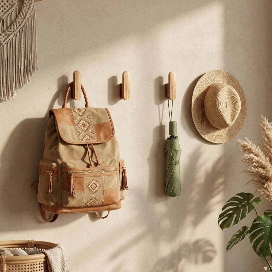 2pcs Solid Wood Wall Hooks, Strong Load-Bearing Wooden Coat Hooks, Minimalist Wall Hat Rack And Towel Rack, Space-Saving Entryway Storage Accessories, Suitable For Bathroom, Bedroom And Home Decor