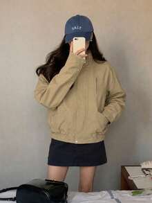 Unisex Loose Casual Minimalist Solid Color Jacket - Khaki - View 3