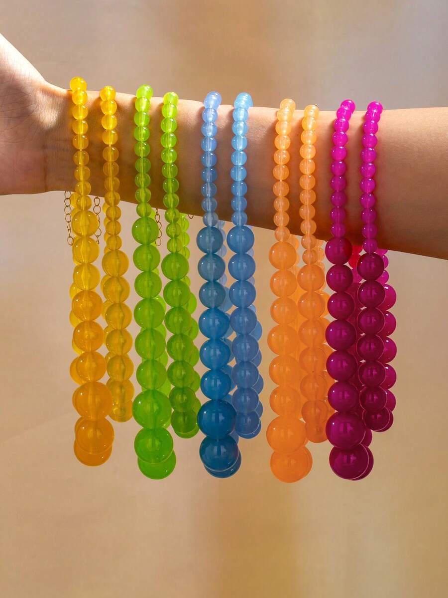 2pcs Fashionable Dopamine Acrylic Colorful Beaded Multi-Layer Necklaces For Women, Suitable For Summer Beach Vacation, Party, Gathering, Music Festival And Daily Wear - Beads - View 1