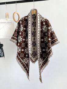 1PcWomen Winter Snowflake Geometric Print Fringe Triangle Shawl, Soft Imitation Cashmere Warm Wrap Scarf, Versatile Outer Cape For Fall Daily Outfit - Multicolor - View 10