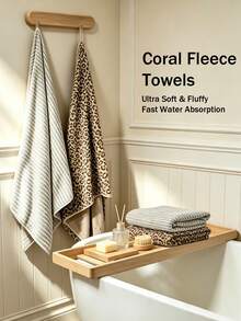 4PCS|Leopard Print + Striped Bath Towel Set, Coral Fleece Fabric, Soft & Skin-Friendly, Absorbent, Luxury Home Decor, Suitable For Bathroom Decoration, Travel Gift - Multicolor - View 6