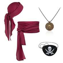 4pcs Pirate Costume Set, Women's & Men's Halloween Pirate Accessories, Funny Belt, Hat, Eye Patch, Necklace, Adult Props - Multicolor - View 1