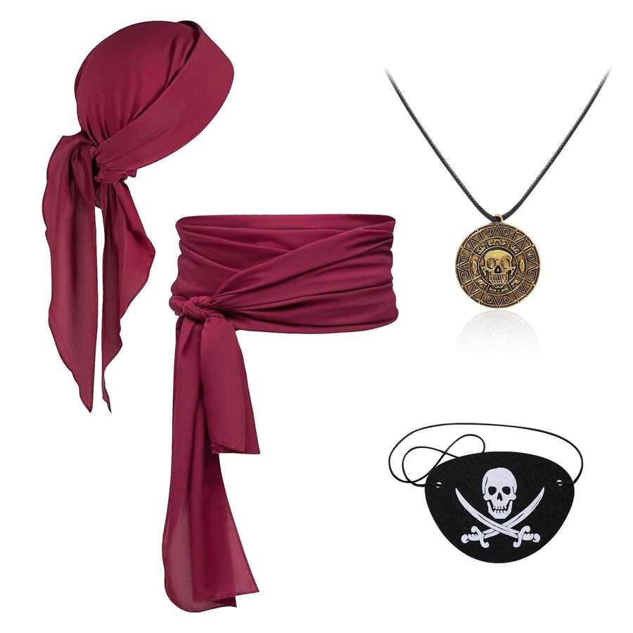 4pcs Pirate Costume Set, Women's & Men's Halloween Pirate Accessories, Funny Belt, Hat, Eye Patch, Necklace, Adult Props - Multicolor - View 1