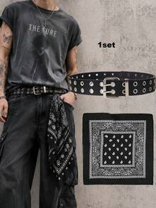 1 Set Metal Eyelet Rivet Belt, Waist Bag, Headscarf Combination Set, Street Style Unisex Belt - Black Eyelets + Headscarf - View 1