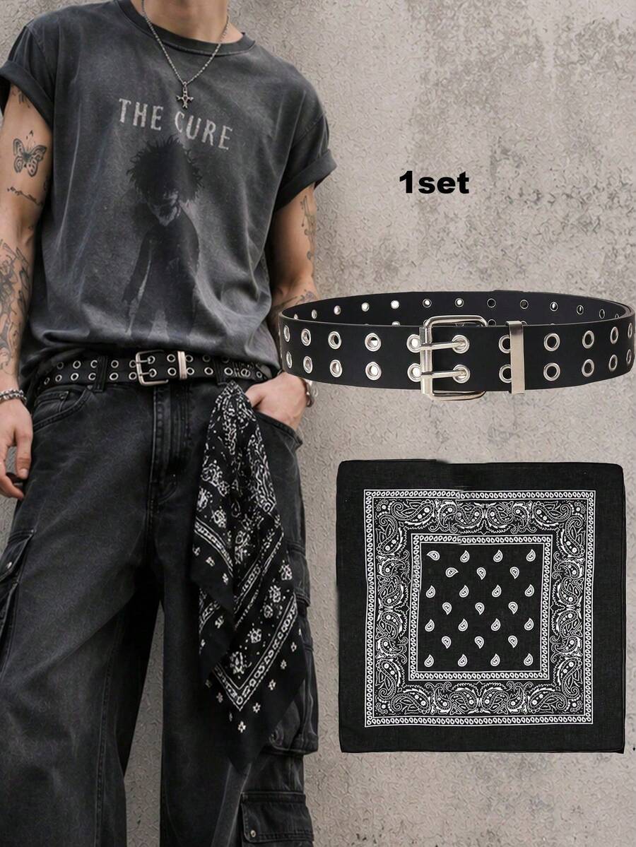 1 Set Metal Eyelet Rivet Belt, Waist Bag, Headscarf Combination Set, Street Style Unisex Belt - Black Eyelets + Headscarf - View 1