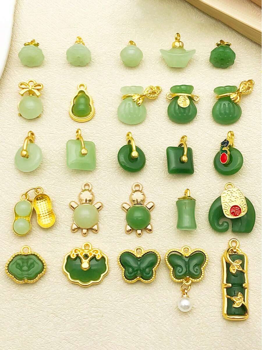 25pcs Chinese Vintage Gold Oil Drop Pendant Small Faux Jade Green Lucky Bag Shape Pendant Handmade Necklace Small Pendant Jewelry - Multicolor - View 1