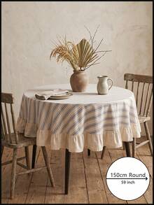 1pc Beige Base Blue Fine Striped Round Tablecloth, Natural Rustic Style Fabric, Round Beige With Scalloped Edge And Patchwork Detail, Decorative And Functional, Suitable For Daily Home And Rustic Dining Table Decor - Blue - View 12