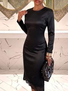 Elegant Black Round Neck Long Sleeve Slim Fit Mid-Length Dress With Asymmetrical Contrast Color Lace Hem - Black - View 5