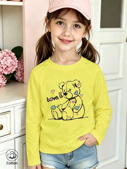 Girls Cotton Twill Long-Sleeved T-Shirt, Autumn/Winter Style, With A Heart-Pattern Print, In A Cute And Sweet Preppy Style