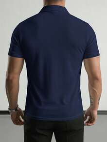 Men's Solid Color Half-Placket Casual Versatile Commuting Short Sleeve Polo Shirt - Navy Blue - View 5