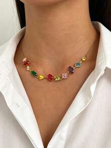 Women Rainbow Mixed Cut Glass Rhinestone Necklace, Dainty Colorful Imitation Gem Collarbone Chain For Daily Party Wear Jewelry - Multicolor - View 2