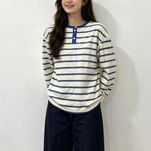 Korean Style Lazy Vibe Half-Button Contrast Stripe Long Sleeve T-Shirt, Fashion Loose Slimming Casual Versatile Layering Women's Autumn Outing Top - Blue - View 2