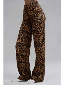 Women's Leopard Print Loose Distressed Knitwear Pants; Suitable For Autumn/ Winter; Chic And Elegant; Easy To Stretch; Office And Back To School - Brown - View 2