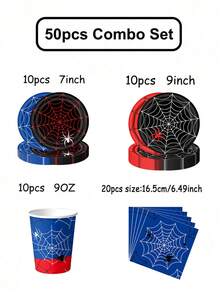 10/40/50/60/80pcs Disposable Paper Tableware Set Spider Web Party Tableware Set, Red Blue Black Spider Theme 18cm 23cm Paper Plates, 250ml Cups & Napkins For Kids Birthday & Halloween - View 16