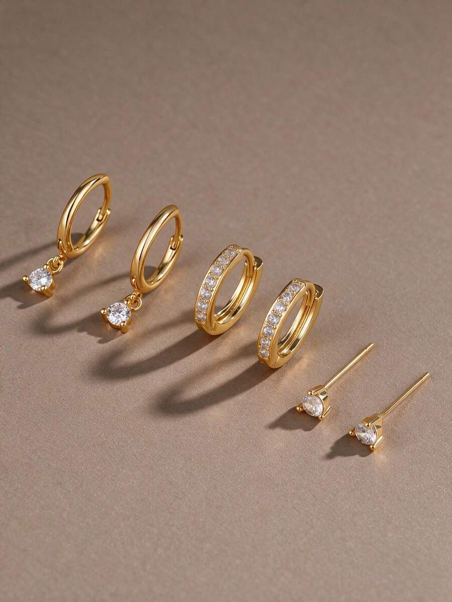 CHICAT 6件組女士金色耳環套組,可疊戴水晶吊墜耳環、耳圈與耳釘組合,高級鋯石耳環,歐美簡約百搭珠寶禮物,適合日常配戴 - 金色1 - 查看 1