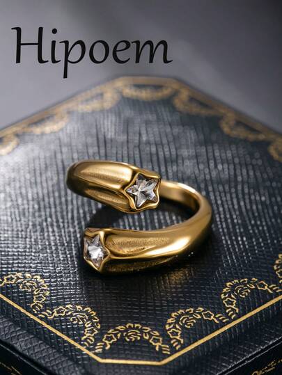 Hipoem 1 pieza Anillo ajustable abierto de acero inoxidable con estrella de circonia, estilo Old Money, accesorio para atuendo diario y citas de hombre