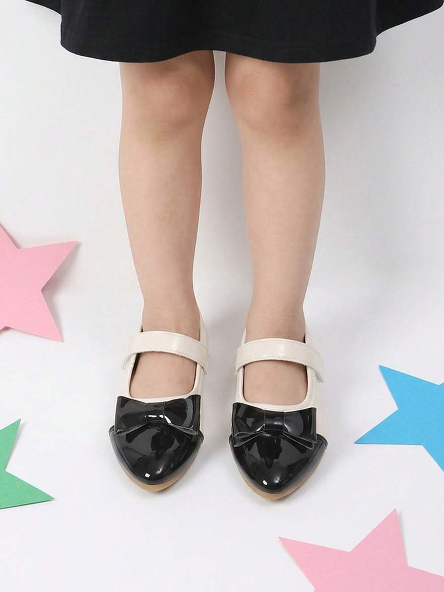 Girls' Black & Beige Colorblock Bow Hook & Loop Soft Versatile Shoes, Suitable For Outings And School Life - Beige - View 1