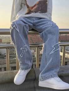 Boys' Campus Fashion Denim Long Pants, Casual Versatile Street Style Straight Leg Jeans - Light Wash - View 8