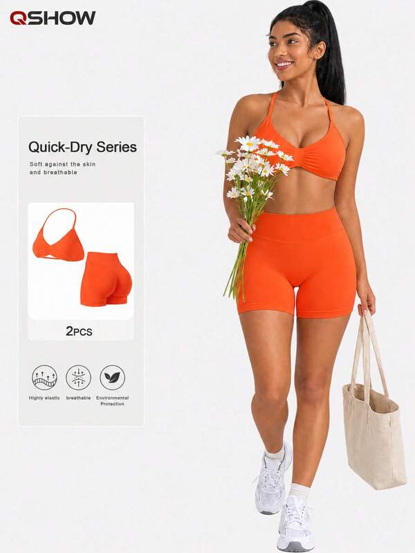 Women's Summer 2 Pieces Pink Top And High-Waisted Shorts Set, Suitable For Fitness, Yoga, Pilates, Gym, Running Sports