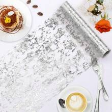 1 Roll Polyester Silver Foil Stamped Table Runner, Solid Color Minimalist Elegant Exquisite, Decorates And Conceals Tabletop Tableware, Wear-Resistant And Durable, Suitable For Wedding, Birthday Party, Celebration, Mother's Day, Father's Day, Independence Day And Other Holiday Atmosphere Decoration, Daily Family Gathering And Dining - View 2