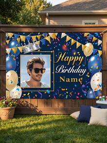 1pc - Customized Birthday Celebration Backdrop, Customized Blue & Gold Theme Printed Poster - Personalized Gold & Colorful Confetti And Star Decorations, Suitable For Celebration Party, Birthday Gathering, Home Decor Background, Customizable For Anniversary, Personalized Birthday Party, Customized Photo And Name Poster - Multicolor - View 5