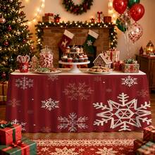 Burgundy Christmas Snowflake Table Skirt, Nordic Style White Geometric Snowflake Print Polyester Tablecloth, Suitable For Holiday Dinner, Winter Party, Family Gathering, Dessert Table And Rustic Home Decor - A - View 1