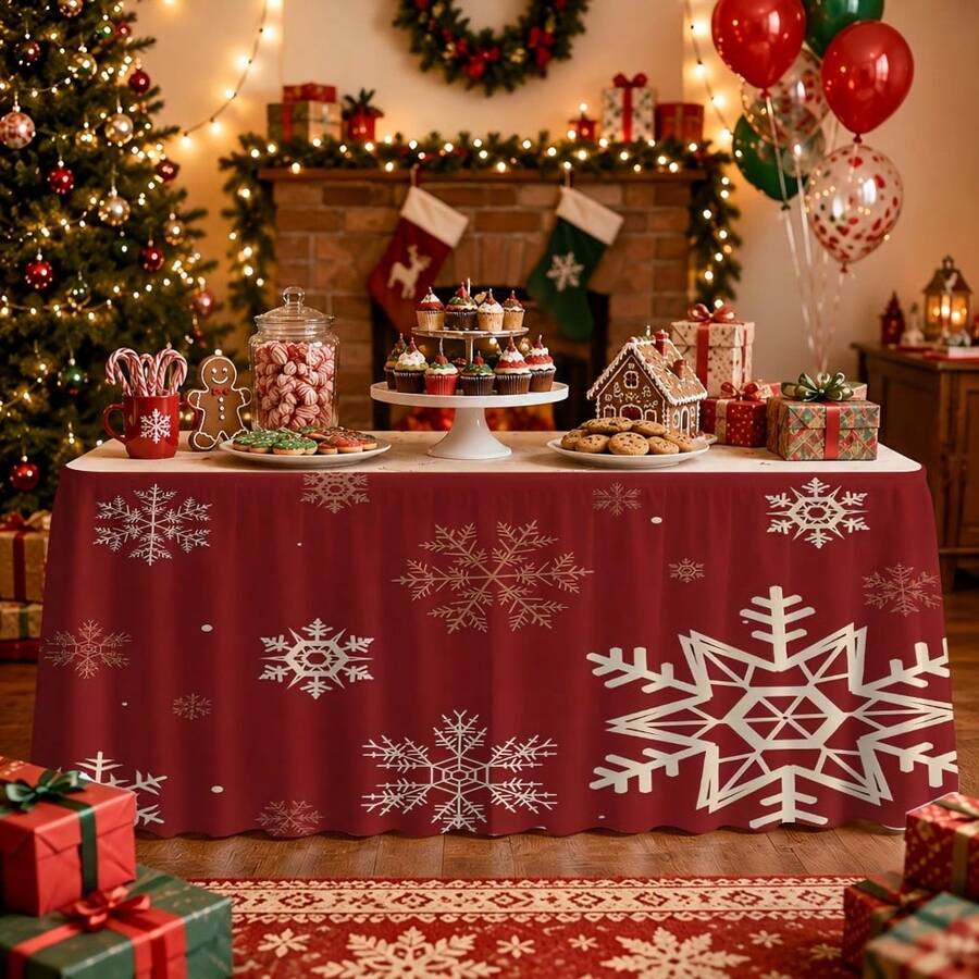 Burgundy Christmas Snowflake Table Skirt, Nordic Style White Geometric Snowflake Print Polyester Tablecloth, Suitable For Holiday Dinner, Winter Party, Family Gathering, Dessert Table And Rustic Home Decor - A - View 1