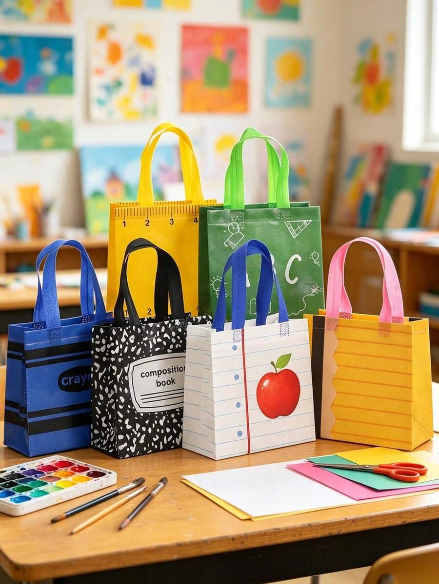 12/6/1pc Party Gift Bags, Non-Woven Fabric Material, School Theme Tote Bags, Stationery Pattern Tote Bags, Printed Gift Bags, Non-Woven Fabric Gift Bags, Foldable Shopping Bags, Suitable For Celebrations And Birthday Parties, Back To School Gifts, Club Shopping Bags, Theme Party Packaging Supplies, Party Packaging Supplies, Student Classmate Teacher Gifts - Foldable Shopping Bags And Party Bags, Waterproof, With Handles, Reinforced Bottom - Back-to-school Bags - View 1