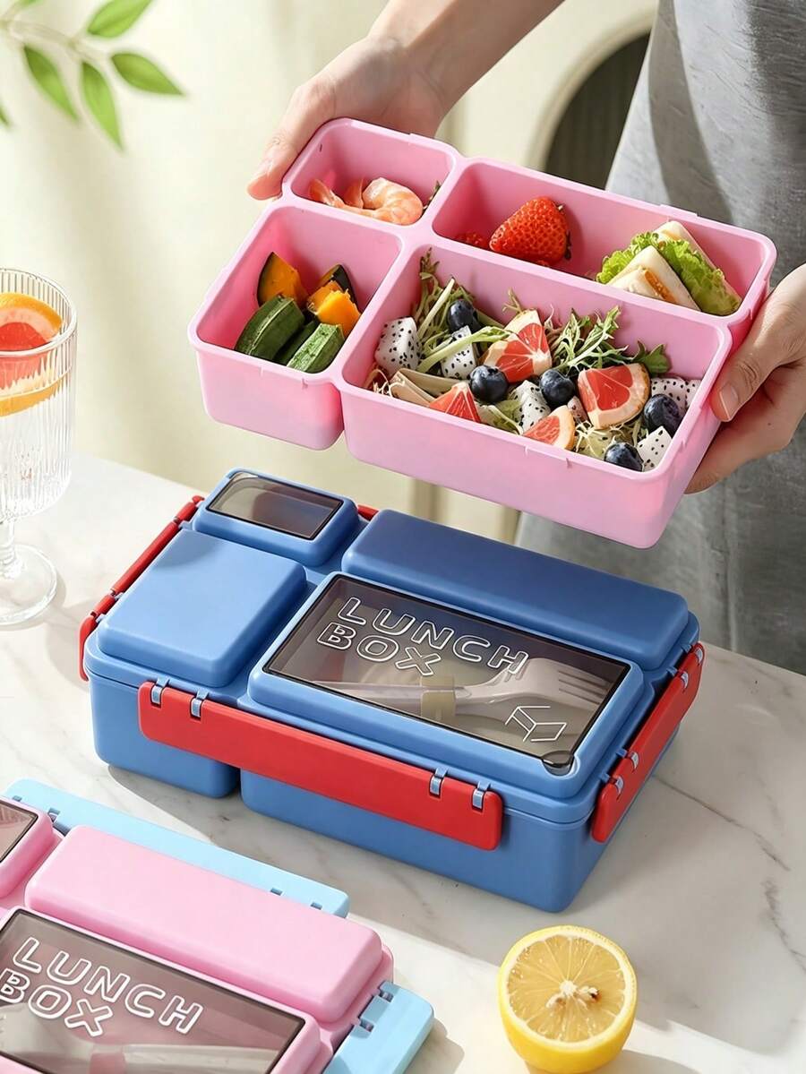 1pc Large Capacity Lunch Box, Sealed Compartment Bento Box With Utensils And Sauce Container, Rectangular Food Container, Microwave And Dishwasher , Suitable For School, Work, Picnic Food Carrying, Back To School Essential - Multicolor - View 1