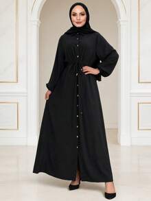 Women's Fashion Turndown Collar Solid Color Long Sleeve Dress, Loose Long Dress Spring Black Fall - Black - View 2