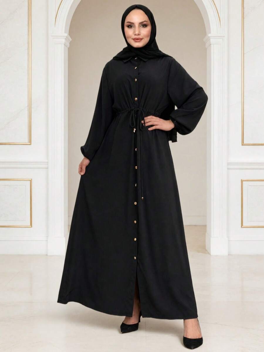 Women's Fashion Turndown Collar Solid Color Long Sleeve Dress, Loose Long Dress Spring Black Fall