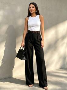 Women's High-Waisted Pleated Loose Fit Trousers, Suitable For Work And Casual Occasions, Black Color (Belt Not Included), Spring/Summer - Black - View 1