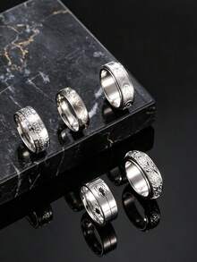 5pcs Fashion Stainless Steel Men's Silver Ring Set With Coin, Spider, Star, Moon Rotating Elements, Suitable For Men's Daily Wear And Halloween Accessories - Silver - View 3
