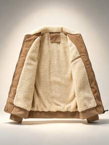 Men's Autumn/Winter Corduroy Jacket, Full Fleece Lining + Fleece Collar, Zipper Solid Color Loose Casual Outerwear, With Inner Pockets - Camel - View 8