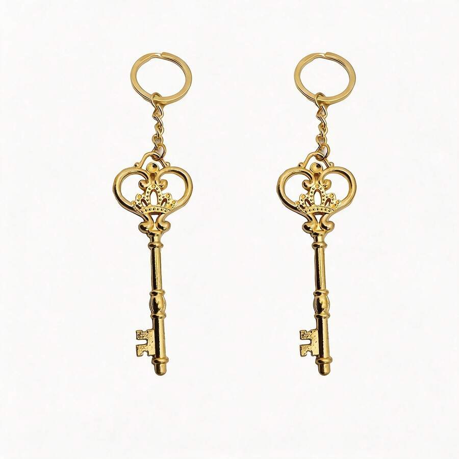 2pcs Gold Hollow Crown Vintage Key Pendant, Gentle Girl Style Matching Keychains, Wedding Anniversary Valentine's Day Gift For Girlfriend, Niche Luxury Accessory - Gold - View 1