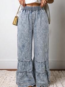 Women's Vintage Bohemian Style Wide Leg Denim Jeans, Layered Ruffle Hem And Elastic Waistband, Casual Long Flare Pants - Blue - View 2