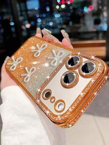 Luxury Cute Glitter Rhinestone Bow Camera Protection Phone Case Compatible With Iphone 17 Promax 17 Pro 17 16 Promax 16 Pro 16 15 Pro Max 15 Pro 15 14 13 17Air Girls Ladies Wavy Edge Soft Case Gift - Orange - View 3