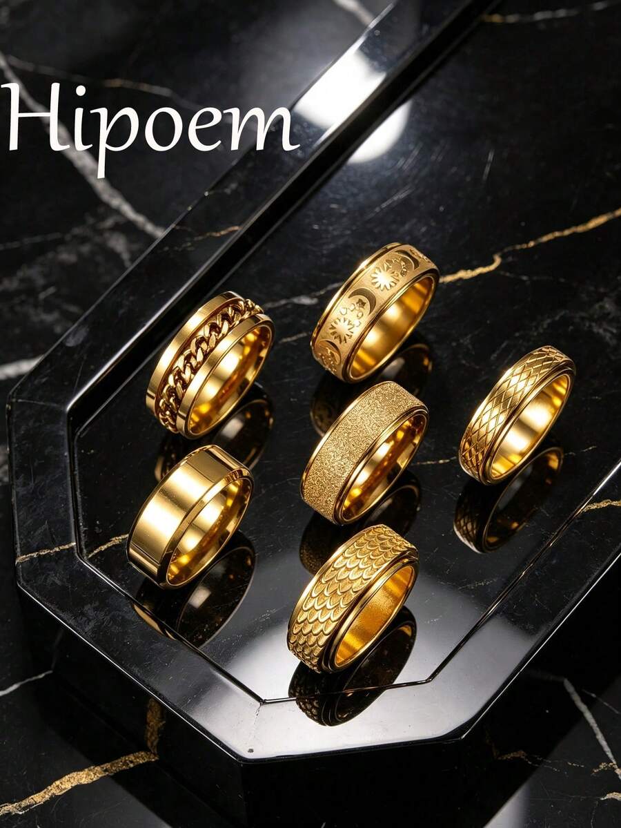 Hipoem 6pcs Hip Hop Fashion High-End Stainless Steel Chain Sun Moon Fish Scale Matte Multi-Style Combination Rings Men's Birthday Outfit Accessories - Gold - View 1