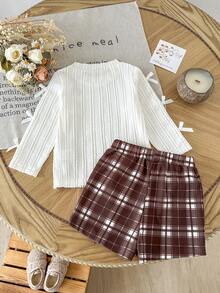 Baby Girls 2pcs Set Autumn/Winter Outfit Cute Fashion Versatile Cartoon Bow Decor Knitted Jacquard Round Neck Long Sleeve Solid Color Top + Button Decor Plaid Skirt Skort Vintage Set Suitable For Outdoor Wear - Apricot - View 3
