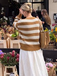 Sweater Pullover Kasual Wanita Bergaris Leher Bulat Bahu Longgar Lengan Panjang, Pullover Rajut Musim Gugur/Dingin - MultiWarna - View 8