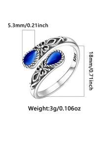 S925 Sterling Silver Vintage Distressed Blue Cat's Eye Stone Open Ring, Vintage Carved Adjustable Band - Silver - View 4