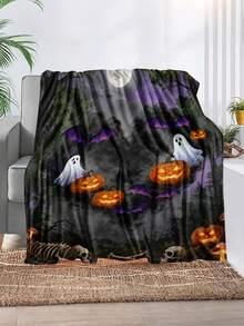 1pc Soft & Comfortable Halloween Flannel Blanket, 2D Printed Blanket For Office Nap, Sofa And Bed Decor, Outdoor Camping Leisure Blanket, Perfect Gift For Family And Friends - Multicolor - View 2