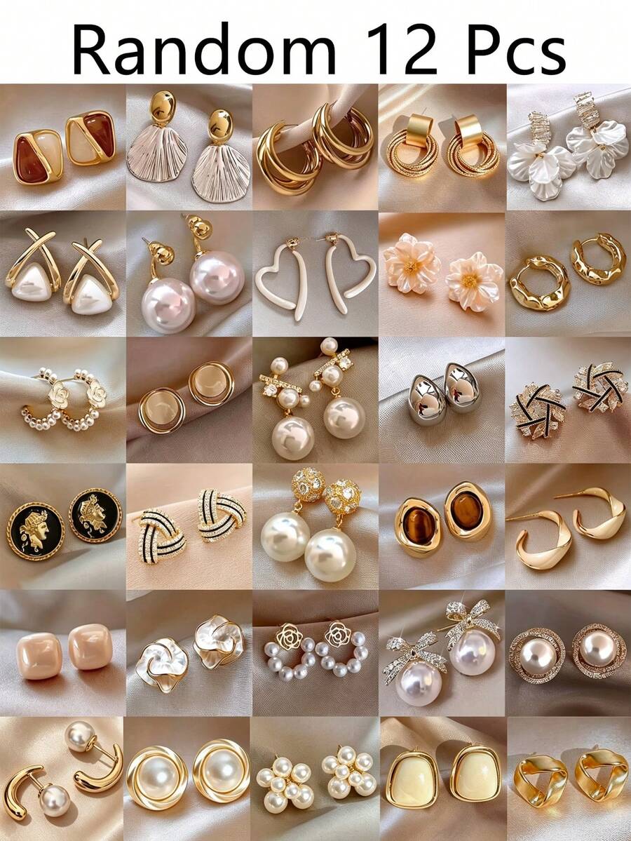 Random 12pcs/6pairs Metal Vintage Elegant Faux Pearl Flower Geometric Multi-Element Earrings Set For Women, Niche Stud Earrings With High-End Feel, Daily Matching And Outfit - Yellow Gold - View 1