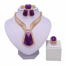 High Quality Woman Jewelry Set Luxe Gold-Tone Deep Purple Gemstone Jewelry Set: Statement-Making Necklace, Earring,Make You Shine At Every Big Event! - Necklace + Earrings + Ring + Bracelet - View 10