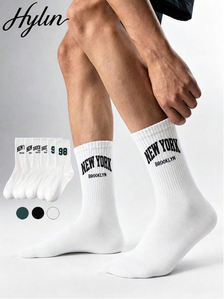 1/3 Pairs Random Men's Letter & Number Print Mid-Calf Socks, Collegiate Style Socks, NEW YORK Print Streetwear Socks, Comfortable Breathable Sports Compression Calf Socks - Multicolor - View 1